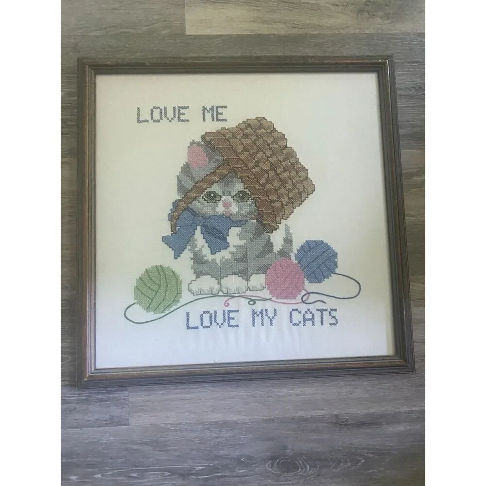Cross Stitch Love Me Love My Cat In Yarn Basket Handmade Custom Framed Art Knit